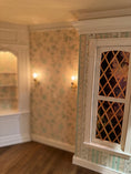 Load image into Gallery viewer, RARE Finished Custom Roger Gutheil c1984 Mahogany Living Room 1:12 Roombox OOAK, wall detail