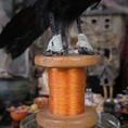 Load image into Gallery viewer, Raven Crow Bird Sculpture OOAK Sculpted Halloween Art on Vintage Thread Spool, Human Face