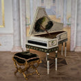 Load image into Gallery viewer, Hand-Painted Wood Harpsichord & Velvet Gold-leaf Bench by June Clinkscales