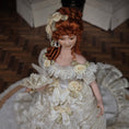 Load image into Gallery viewer, Victorian Porcelain Dollhouse Lady Doll in Ivory Lace Gown with Train, Fan