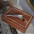 Load image into Gallery viewer, Miniature Antique Style Cowboy Revolver Pistol In Inlaid Wood Storage Case