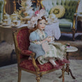 Load image into Gallery viewer, Seated Porcelain Little Girl Doll with Teacup, Pink Feathered Hat & Leather Shoes