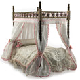 Load image into Gallery viewer, Pink & White Victorian Miniature Brass and Wood Canopy Bed Lace Curtains Floral Beads