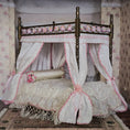 Load image into Gallery viewer, Pink & White Victorian Miniature Brass and Wood Canopy Bed Lace Curtains Floral Beads