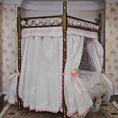 Load image into Gallery viewer, Pink & White Victorian Miniature Brass and Wood Canopy Bed Lace Curtains Floral Beads
