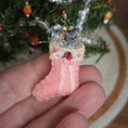 Load image into Gallery viewer, Miniature Pink Christmas Stocking with Lace Trim & Tiny Cat Figure