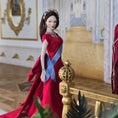 Load image into Gallery viewer, Elegant Royal Porcelain Dollhouse Dark Haired Lady in Red Silk Gown with Garnet Jewelry