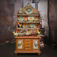 Load image into Gallery viewer, Wooden cabinet with decorative plates and rooster designs in a softly blurred room setting.