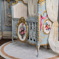 Load image into Gallery viewer, June Clinkscales Custom Blue Hand-Painted Rococo Baby Crib with Silk Canopy 2014