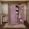 Load image into Gallery viewer, Vintage Artisan Lilac Painted Fabric Armoire Filled with Lace Notions 1:12 Scale