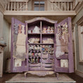 Load image into Gallery viewer, Vintage Artisan Lilac Painted Fabric Armoire Filled with Lace Notions 1:12 Scale