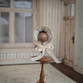 Load image into Gallery viewer, Sage & Peach Miniature Silk Victorian Bonnet with Jeweled Hat Pin 1:12 Scale