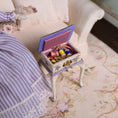 Load image into Gallery viewer, Lilac Hand Painted Rosemarie Torre Sewing Stand Box 1981 with Notions