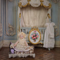 Load image into Gallery viewer, Porcelain Baby Dollhouse Doll in Lace & Antique Iron Crib Vignette