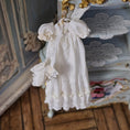 Load image into Gallery viewer, Cream Silk Infant's Christening Gown & Bonnet Set on Hanger for Display