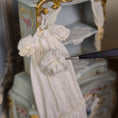 Load image into Gallery viewer, Cream Silk Infant's Christening Gown & Bonnet Set on Hanger for Display