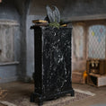 Load image into Gallery viewer, The back view of a spooky dressed bookcase in miniature with a distressed black finish, styled with old books, dried moss, and a gargoyle on top, set in a detailed miniature room with a rug and wooden furniture.