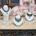 Load image into Gallery viewer, RESERVED MADAME Y Sun Lemmens Gothic Filigree Emerald Lace Choker Necklace on White Bust