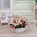 Load image into Gallery viewer, Floral Centerpiece Pink Silk Ribbon Roses & Dried Baby's Breath in White Pot