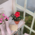 Load image into Gallery viewer, Potted Single Miniature Red Rose Hand Sculpted Porcelain Flower in Planter Vintage
