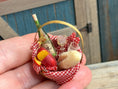 Load image into Gallery viewer, Vintage Miniature Artisan Dollhouse Wine, Cheese & Bread Picnic Basket Diorama, in a hand