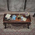 Load image into Gallery viewer, Dressed Halloween Carved Wood Coffee Table Dark Walnut Finish with Chalice, Books, Crystal Ball & Toad