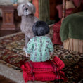 Load image into Gallery viewer, Small doll with a green top sitting on a red pillow with a dog in the background.