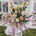 Load image into Gallery viewer, Pretty Pastel Gladiolus Arrangement in Victorian White Wicker Plant Stand