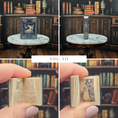 Load image into Gallery viewer, Collage of a miniature book with open pages held in front of a bookshelf.
