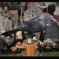 Load image into Gallery viewer, Raven Crow Bird Sculpture OOAK Sculpted Halloween Art on Vintage Thread Spool, Human Face