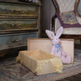 Load image into Gallery viewer, Pink stuffed rabbit with a blue bow sitting next to an open box on a patterned rug.