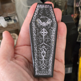 Load image into Gallery viewer, Miniature Coffin Trio OOAK Wooden Halloween Decor with Painted Skulls, Bats & Gothic Designs