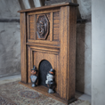 Load image into Gallery viewer, Carved Walnut Halloween Fireplace Mantel Signed OOAK with Jack-o’-Lantern & Skeleton Figures