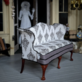 Load image into Gallery viewer, Signed Gothic Halloween Five Leg Victorian Sofa OOAK Skull Damask Custom Upholstered Bespaq