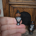 Load image into Gallery viewer, Carved Walnut Halloween Fireplace Mantel Signed OOAK with Jack-o’-Lantern & Skeleton Figures