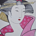 Load image into Gallery viewer, Illustration of a geisha with pink kimono and black hair accessories on a white background Alexandra R.