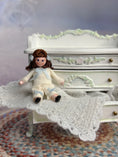 Load image into Gallery viewer, Cute Brunette Victorian Toy Doll for Dollhouse Child, mixed media, sitting in open drawer of dresser