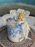 Load image into Gallery viewer, Tea Cup & Bluebird Diorama with Jointed Porcelain Baby Doll, left side view