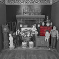 Load image into Gallery viewer, Black and white miniature room setup with furniture and decorative items.