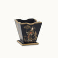 Load image into Gallery viewer, Decorative black waste basket with gold and white design on a white background