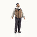 Load image into Gallery viewer, Vintage-style clay dollhouse doll, an elderly man with a checkered vest and bow tie on a white background