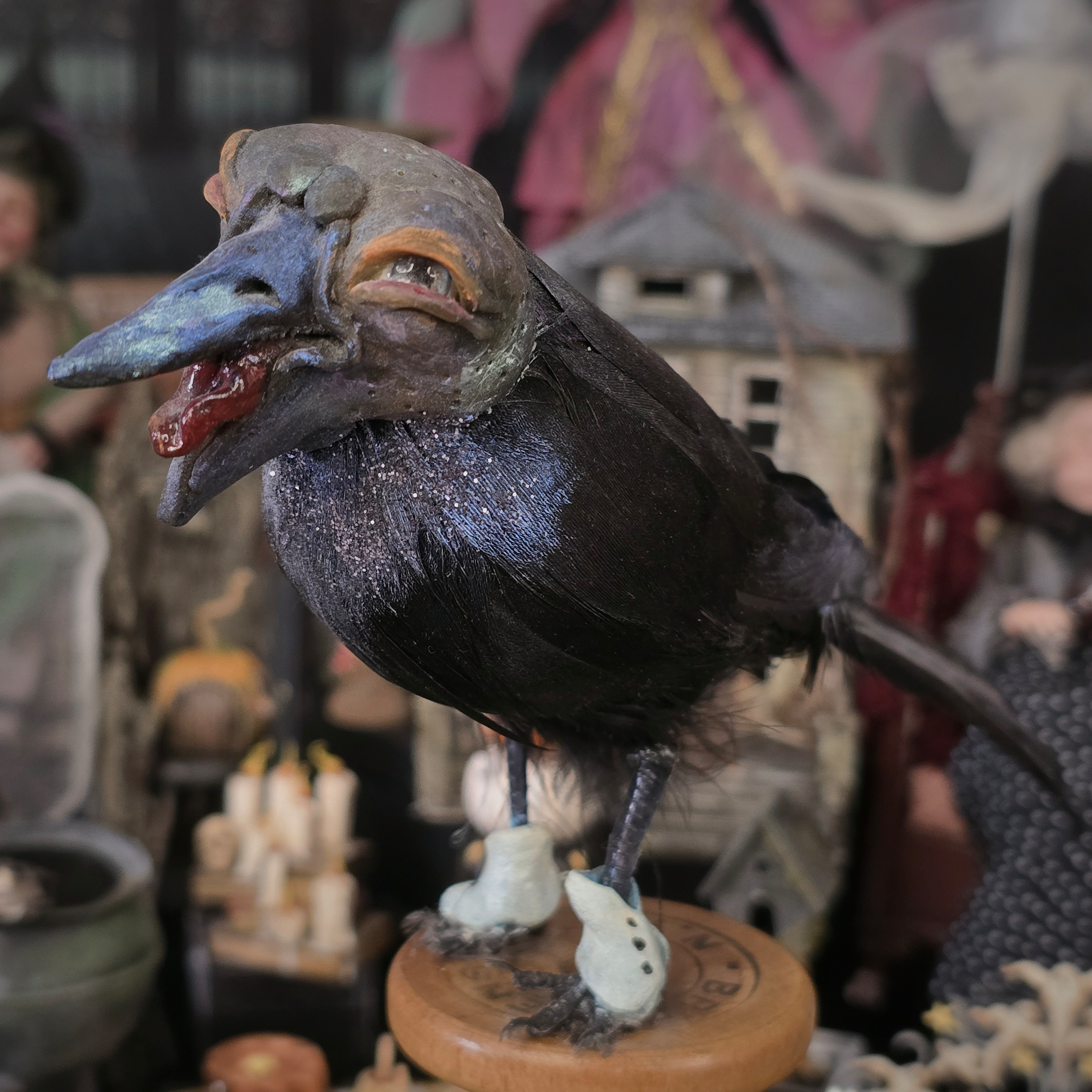 Raven Crow Bird Sculpture OOAK Sculpted Halloween Art on Vintage Thread Spool, Human Face