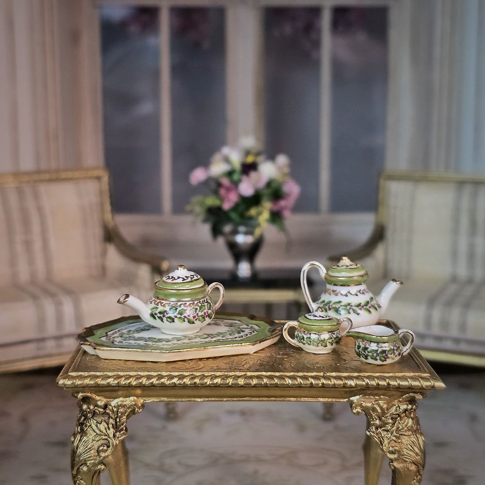 Jean Yingling OOAK Green Ivy Tea & Coffee Service Dollhouse Miniature Set