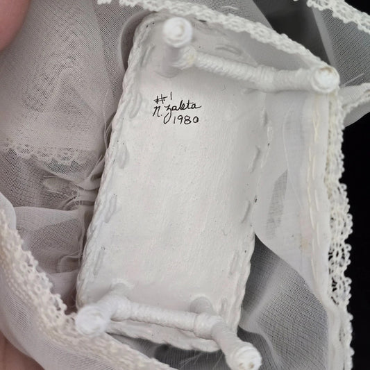 Signed N. Zaleta Blue & White Canopy Wicker Dollhouse Baby Bassinet