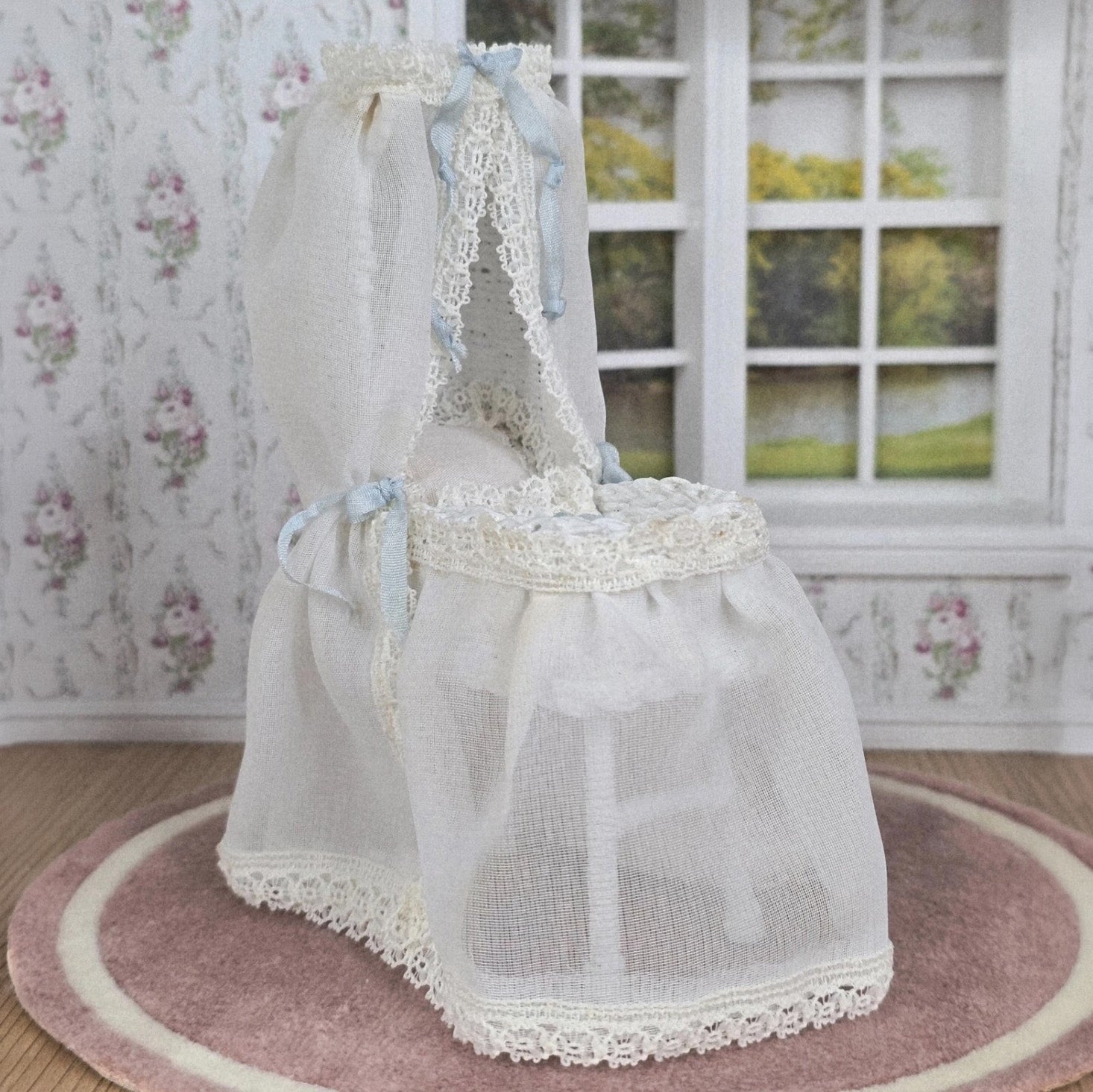 Signed N. Zaleta Blue & White Canopy Wicker Dollhouse Baby Bassinet