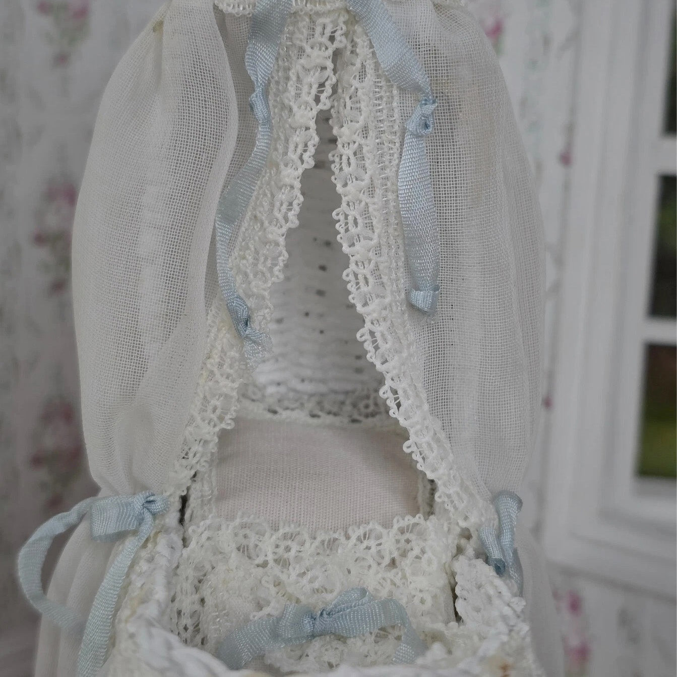 Signed N. Zaleta Blue & White Canopy Wicker Dollhouse Baby Bassinet