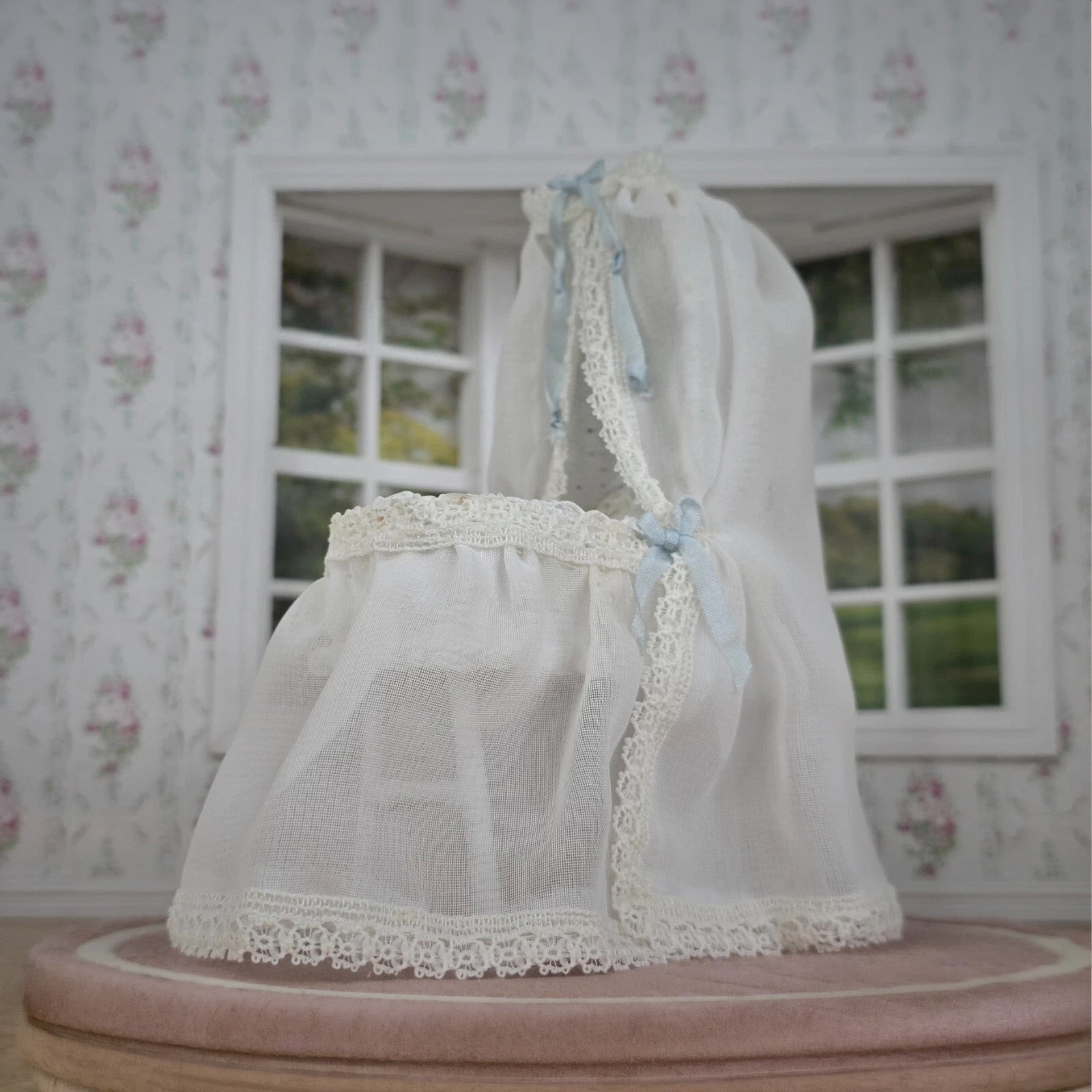 Signed N. Zaleta Blue & White Canopy Wicker Dollhouse Baby Bassinet