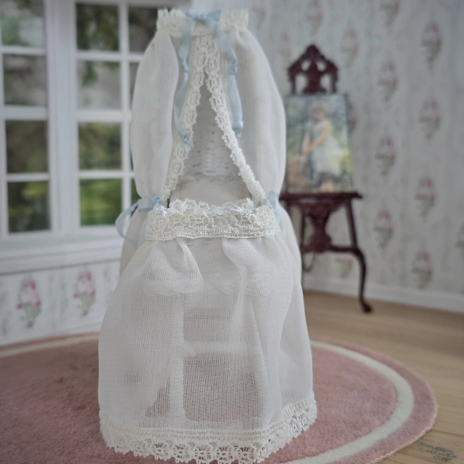Signed N. Zaleta Blue & White Canopy Wicker Dollhouse Baby Bassinet