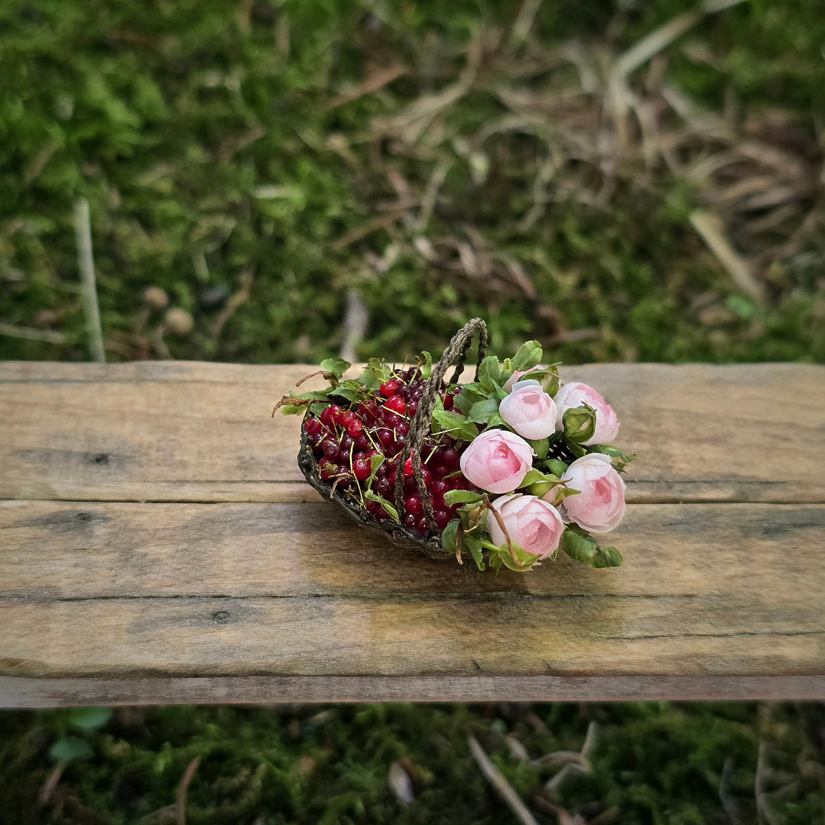Gosia Suchodolska IGMA Artisan Miniature Pink Peonies & Cherries Basket Exclusive