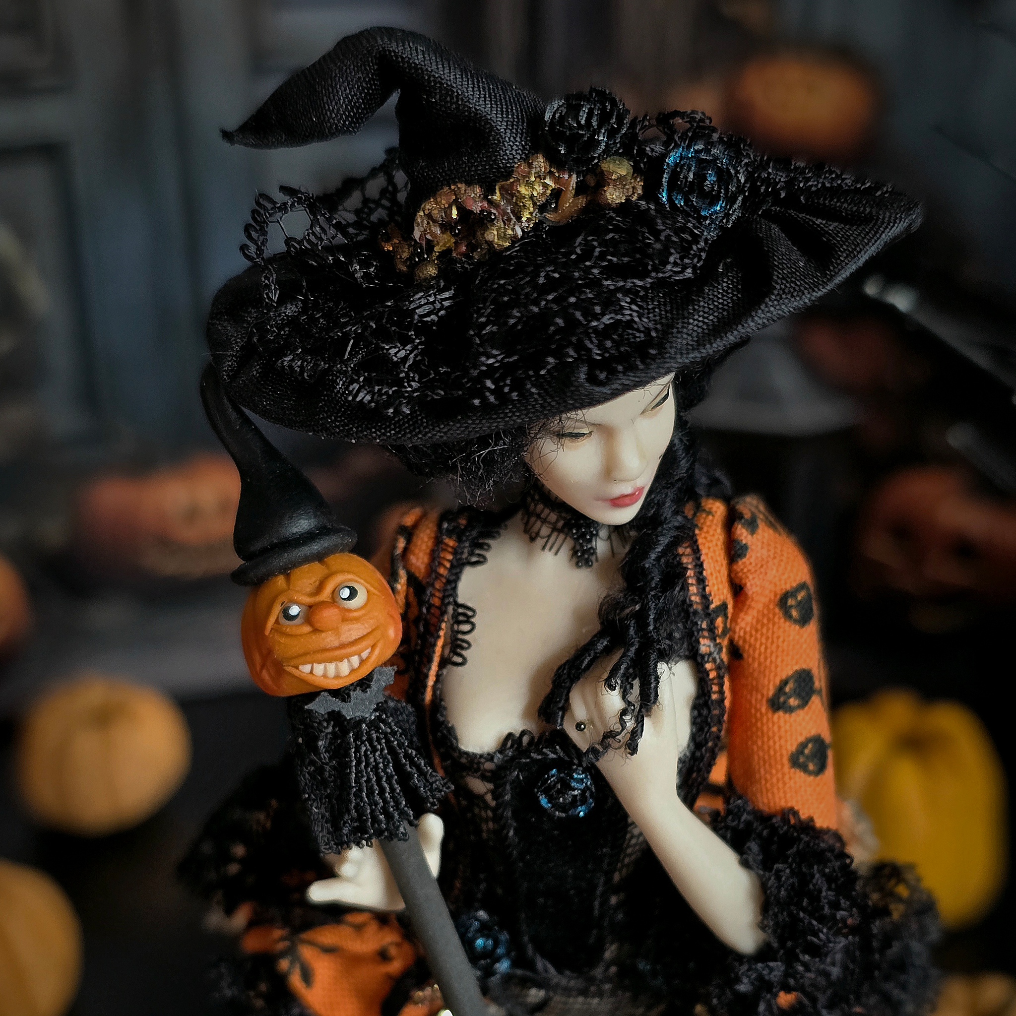 Halloween Witch One-of-a-Kind Porcelain Doll by Dana Burton for Magpie Miniatures